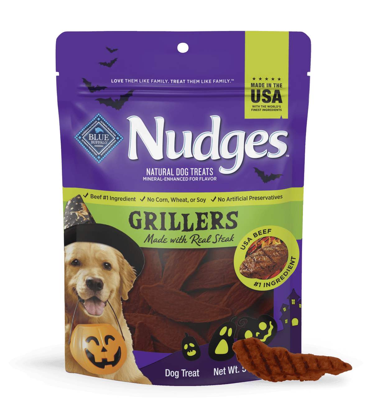 A bag of Nudges Grillers dog treats with Halloween-themed graphics and a steak-shaped chew treat in front.