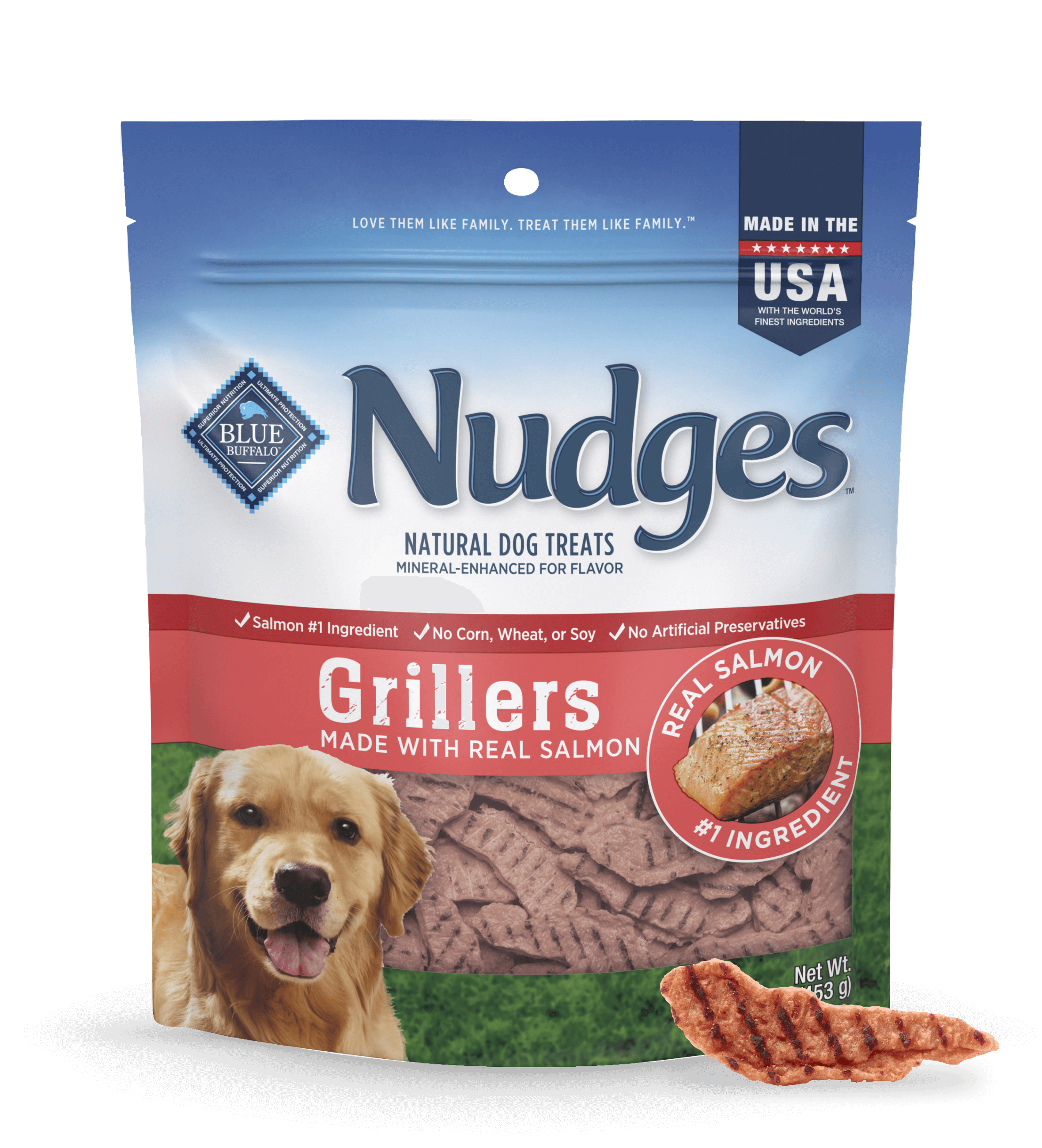 A pack of BLUE Nudges Grillers Salmon Recipe dog treats with one Nudges Griller treat in front of the pack