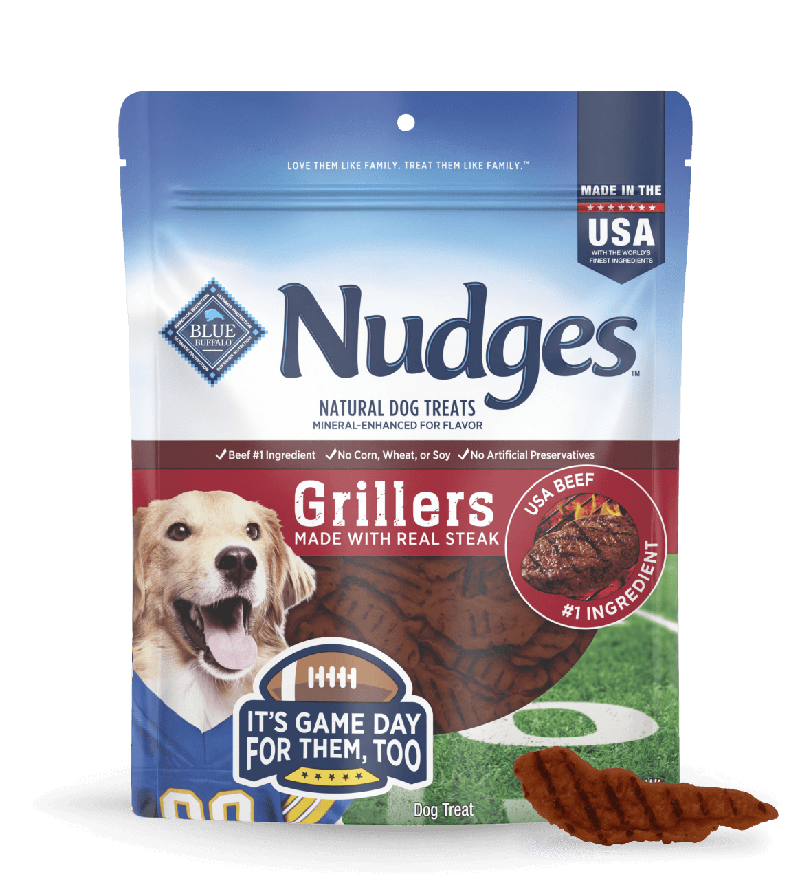Blue Buffalo Nudges Grillers natural dog treats bag, made with real steak, “Made in the USA,” and “It’s game day for them, too.”