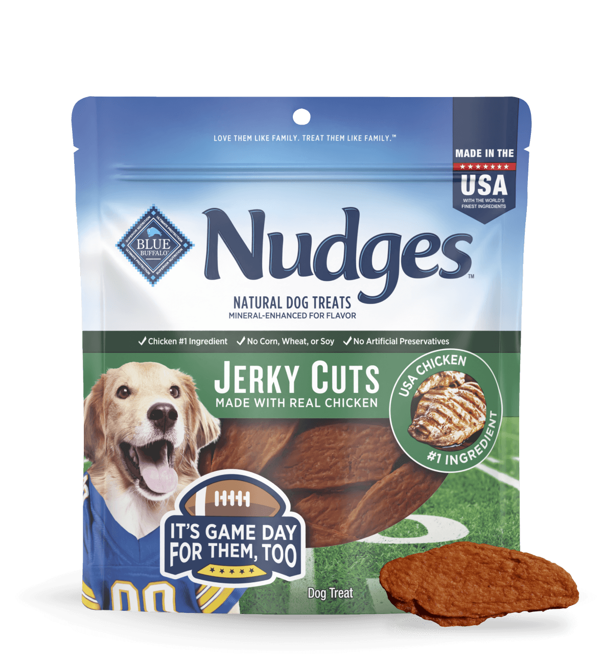 Blue Buffalo Nudges Jerky Cuts natural dog treats, made with real chicken; bag features a golden retriever in a football jersey