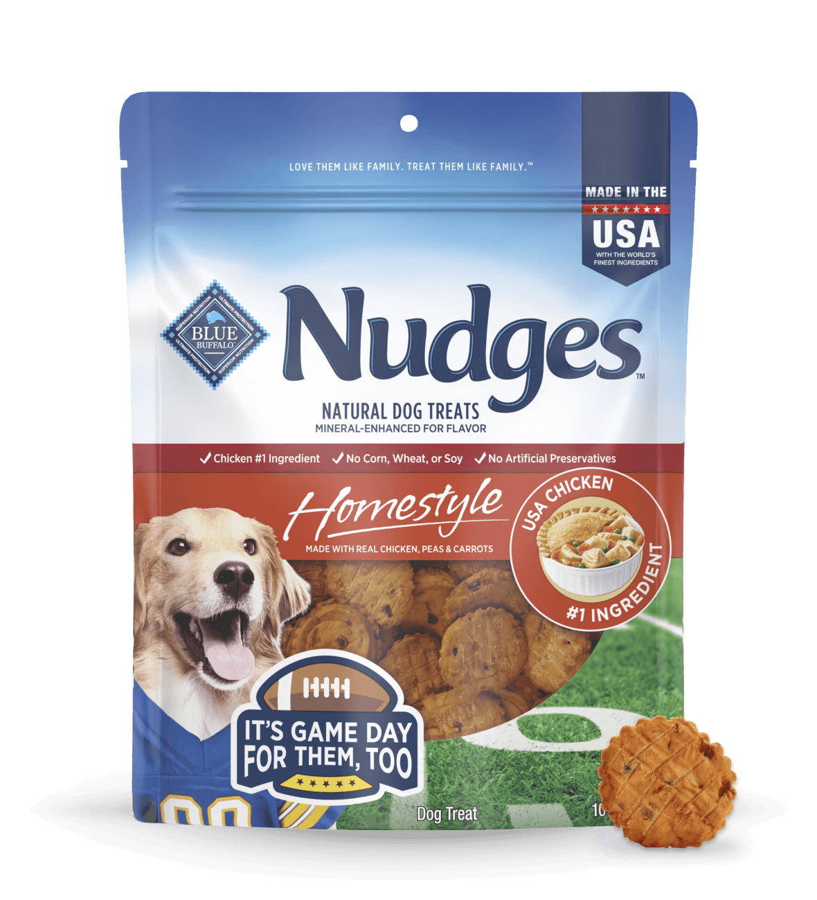 Blue Buffalo Nudges Homestyle natural dog treats bag, USA chicken #1 ingredient, with golden retriever and “It’s game day for them, too”