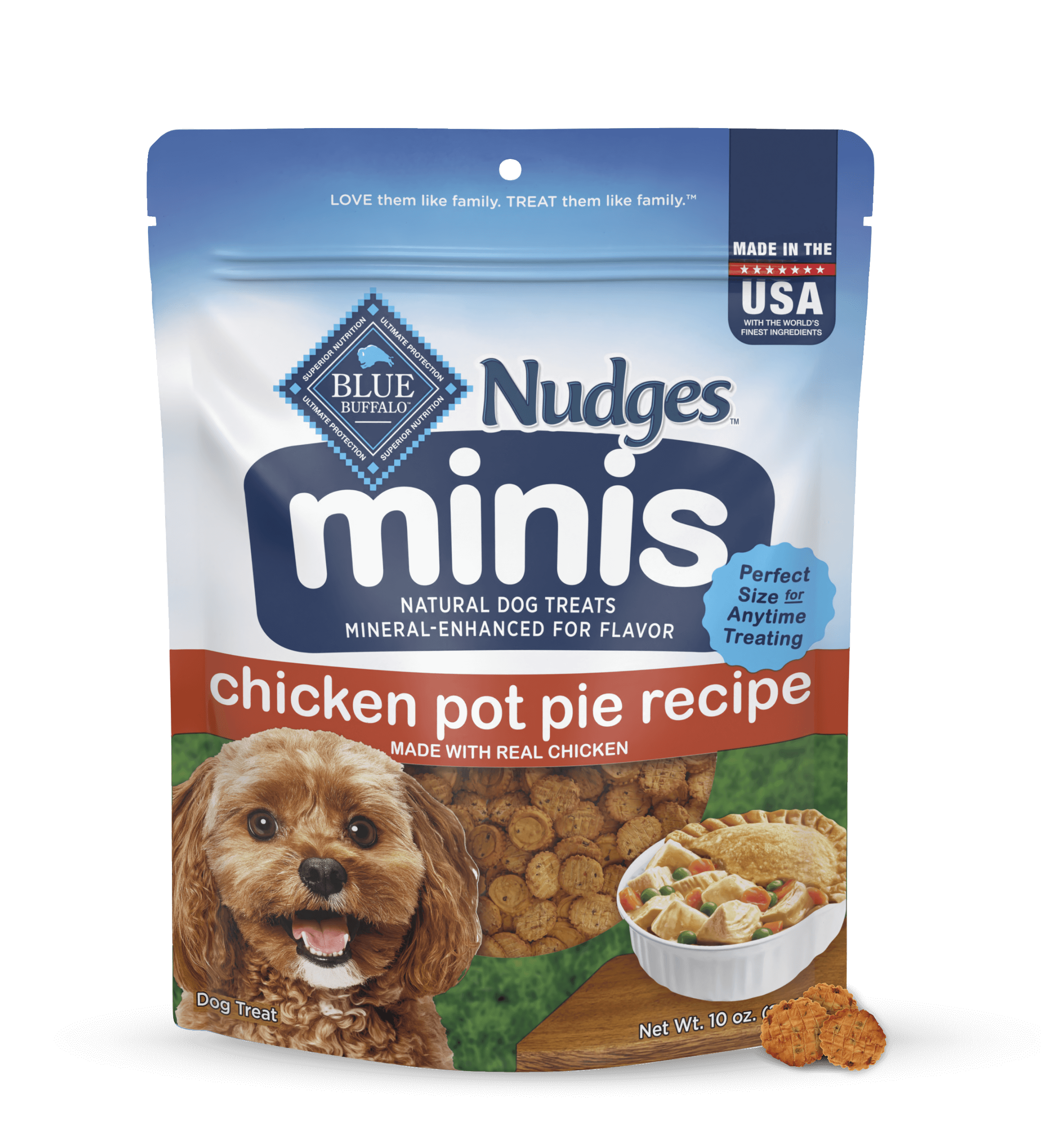 A pack of BLUE Nudges minis chicken pot pie recipe dog treats and a few loose Nudges mini treats.