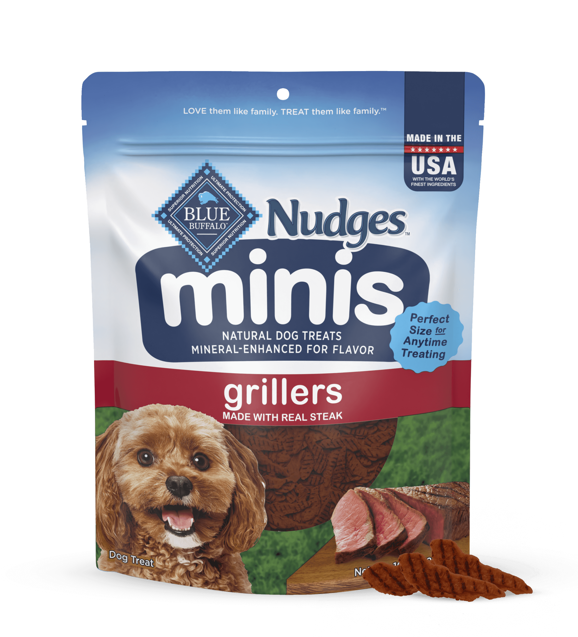 A pack of BLUE Nudges minis grillers made with real beef and a few loose Nudges mini treats.