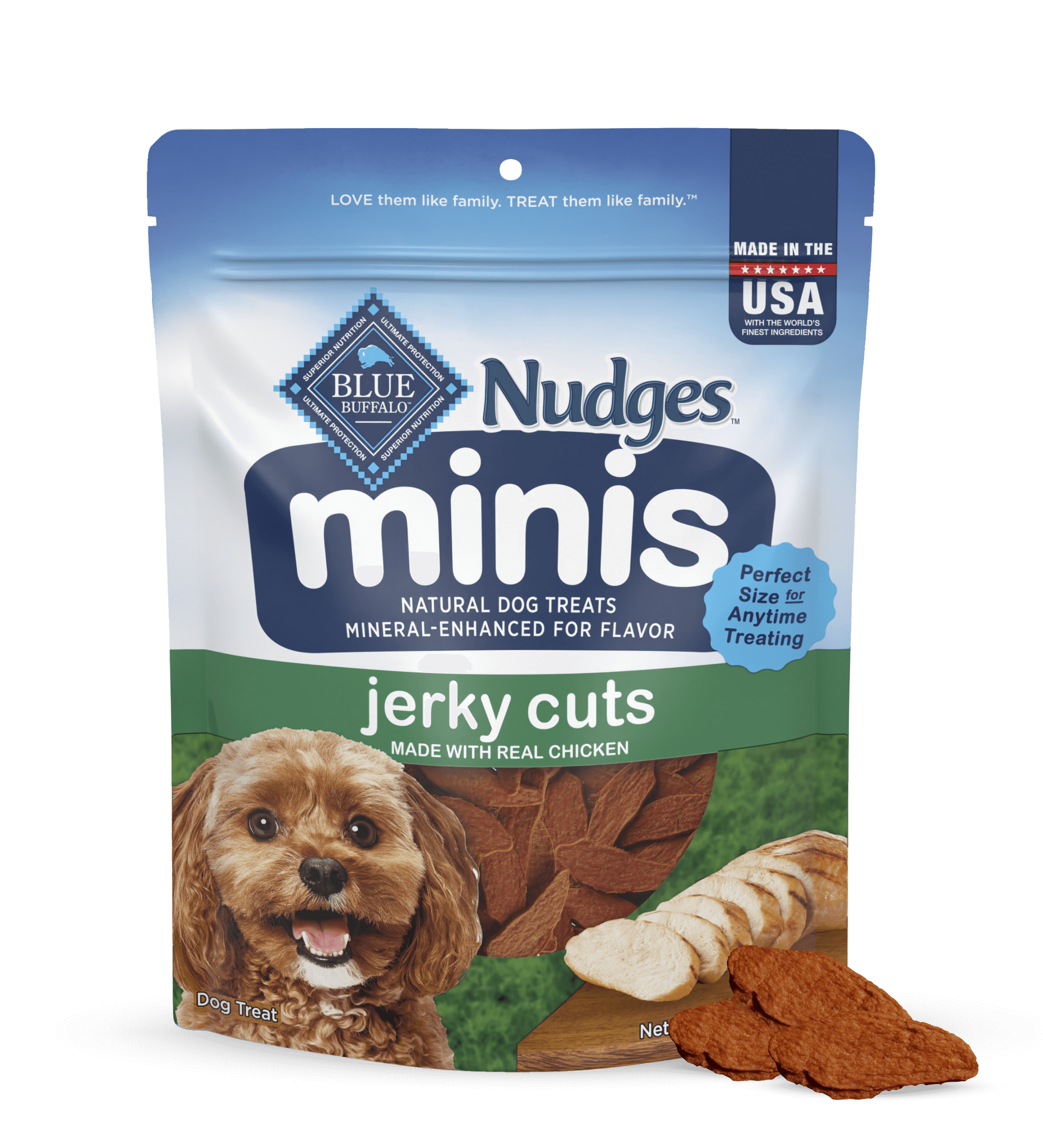 A pack of BLUE Nudges minis jerky cuts made with real chicken and a few loose Nudges mini treats.