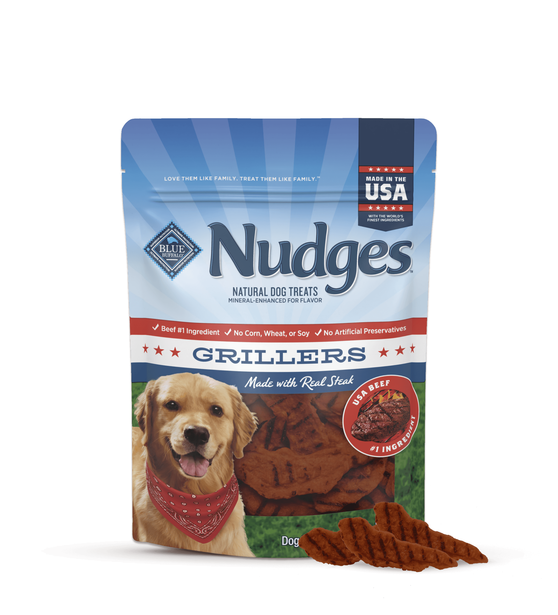 A bag of Nudges Grillers natural beef dog treats with a happy dog beside the package.