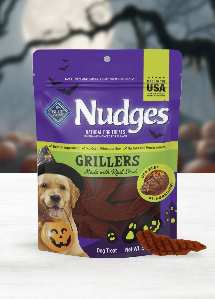 A bag of Blue Nudges Grillers dog treats with a Halloween theme sits on a white table.