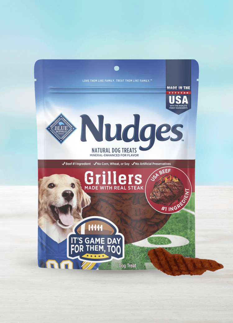 Blue Buffalo Nudges Grillers natural dog treats bag, made with real steak, USA beef #1 ingredient, with golden retriever