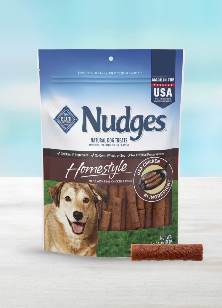 blue nudges homestyle treats with real chicken & pork sausage dog treats