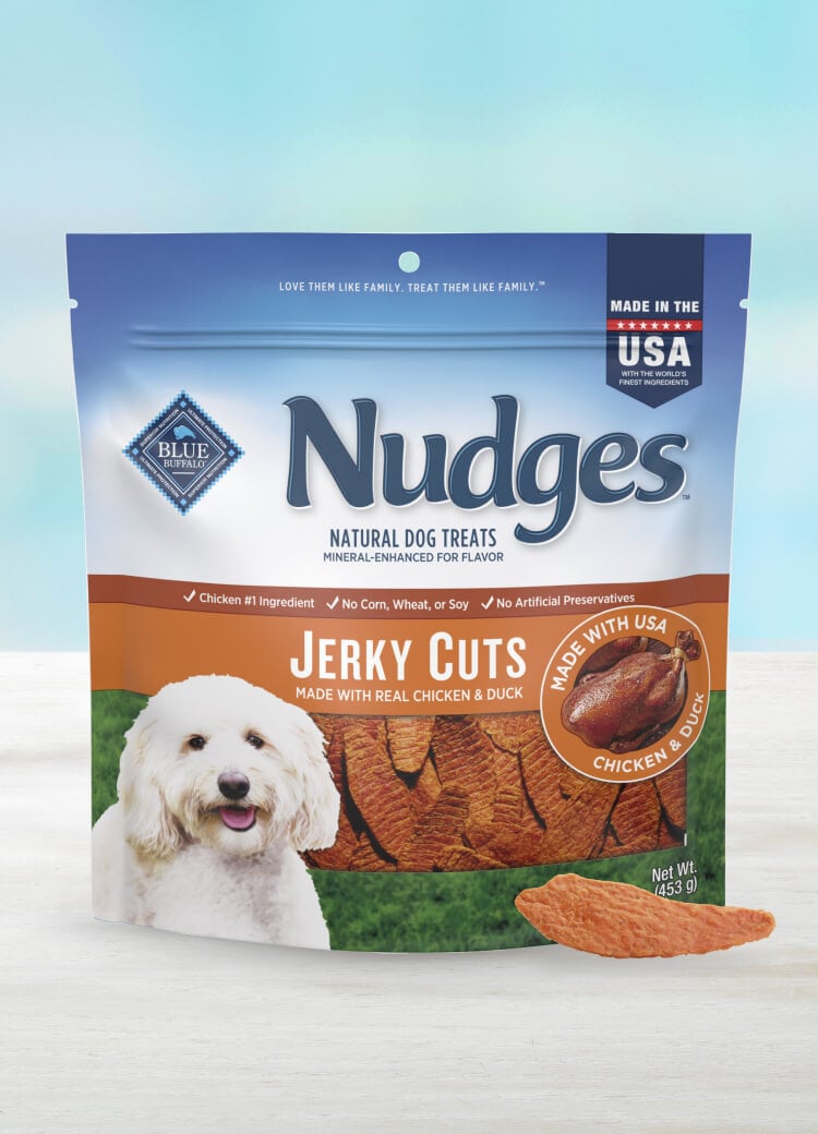 blue nudges protein-packed chicken & duck jerky cuts dog treats