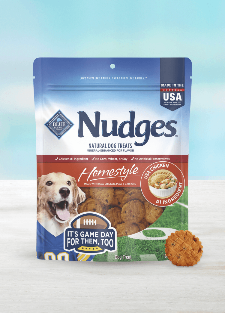 Blue Buffalo Nudges Homestyle natural dog treats, USA chicken #1 ingredient, “It’s game day for them, too” bag with treat