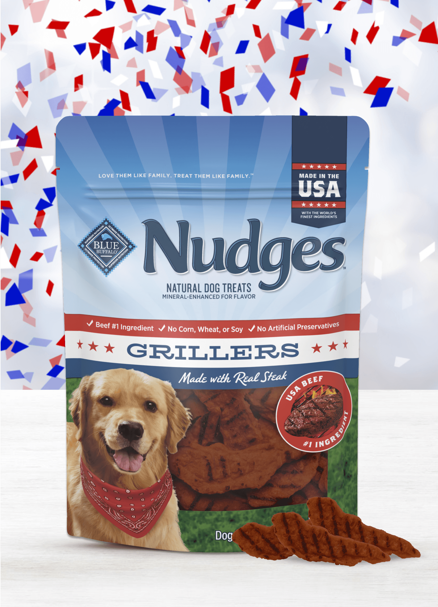 A bag of Nudges Grillers steak-flavor dog treats with a golden retriever on a confetti background.