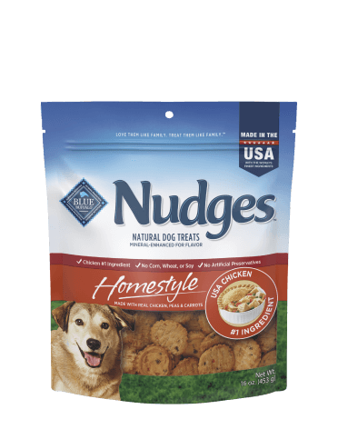 A bag of Nudges Homestyle natural dog treats with real chicken as the first ingredient, 16 oz.