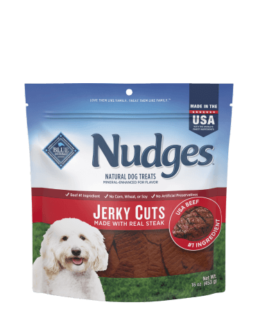 Bag of Nudges Jerky Cuts natural dog treats with a photo of a dog and steak, made in the USA.