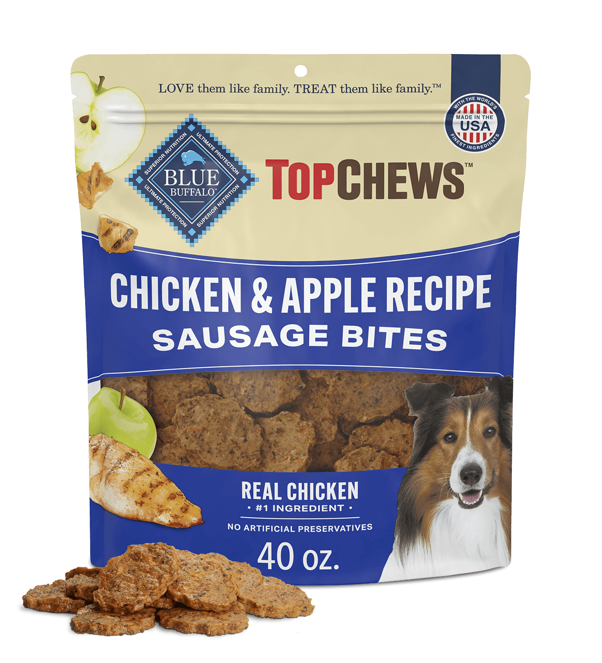 blue top chews delicious real chicken & apple sausage bites dog treats