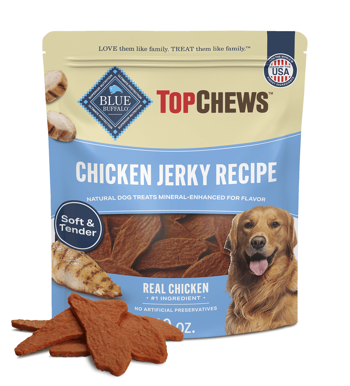 blue top chews tasty jerky cuts with real chicken dog treats