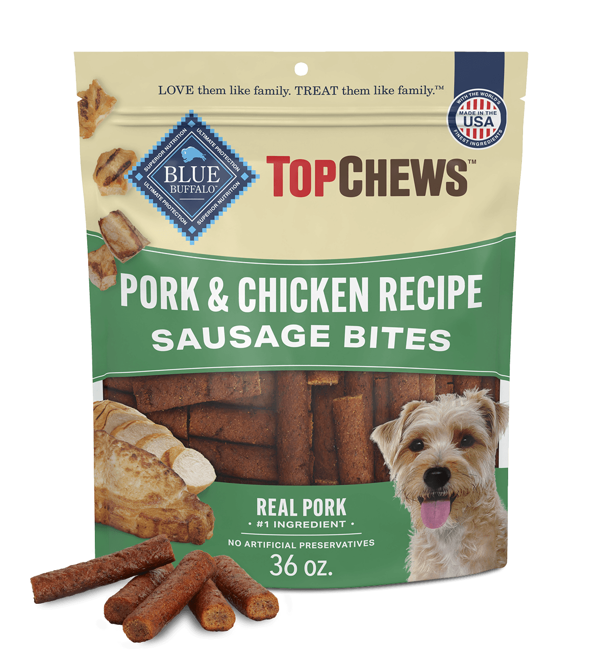 blue top chews tasty sausage treats with real pork & chicken dog treats