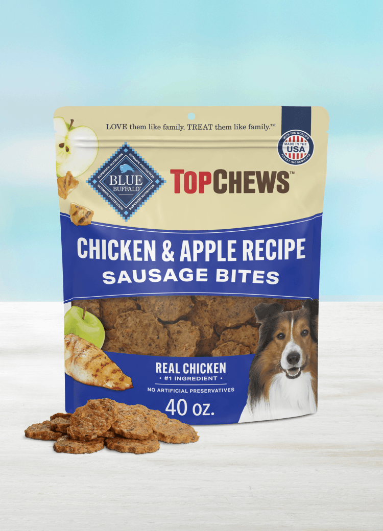 blue top chews delicious real chicken & apple sausage bites dog treats