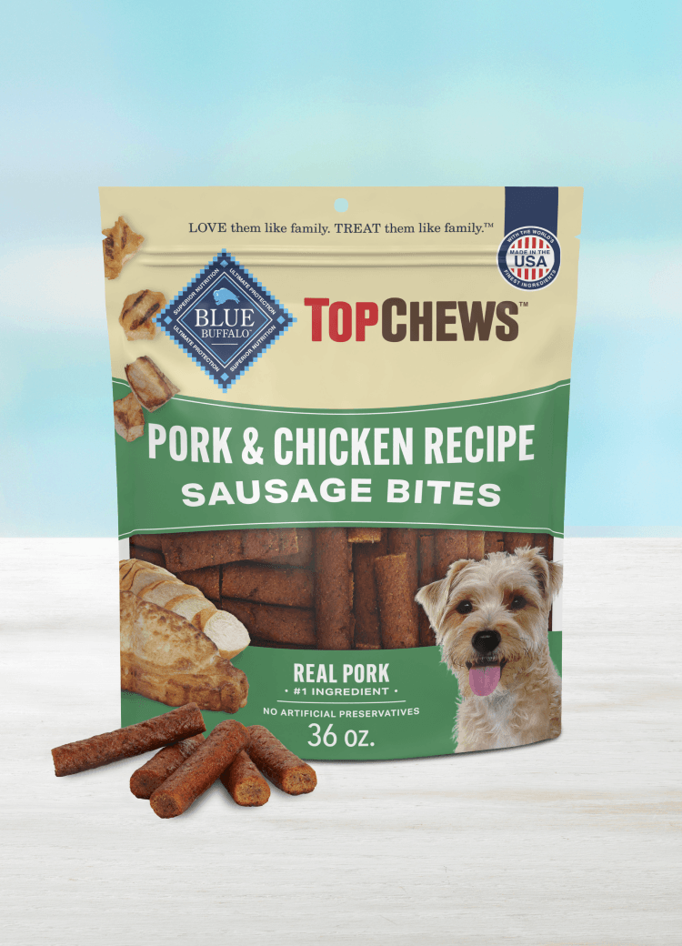 blue top chews tasty sausage treats with real pork & chicken dog treats