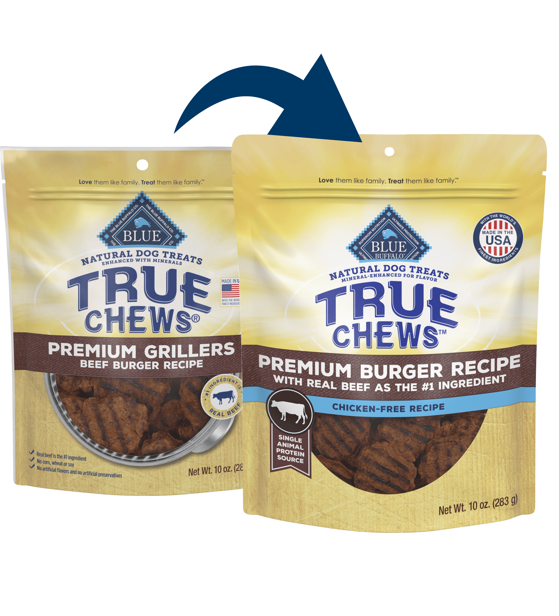 Two packs of True Chews dog treats: Premium Grillers and Premium Burger Recipe, made with real meat.