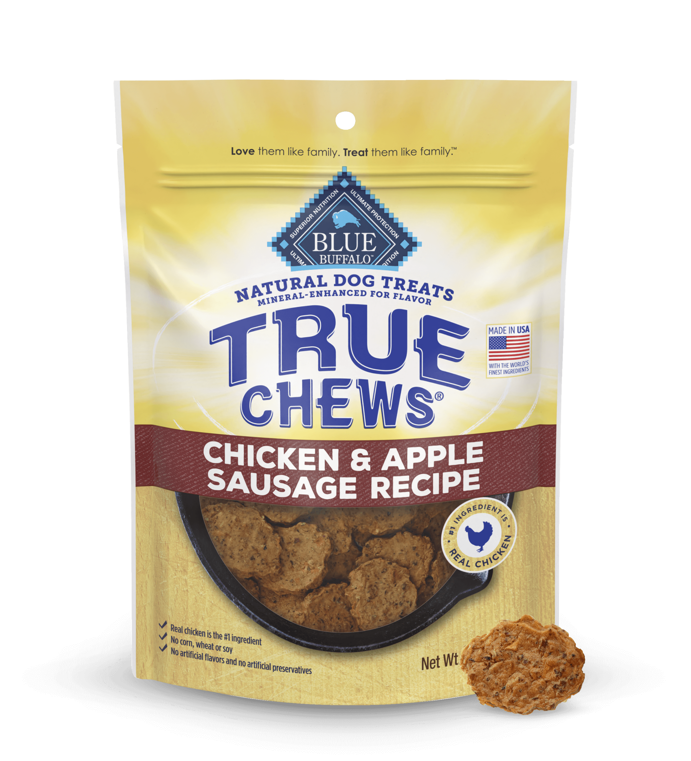 A bag of True Chews Chicken & Apple Sausage Recipe natural dog treats with a treat in front.