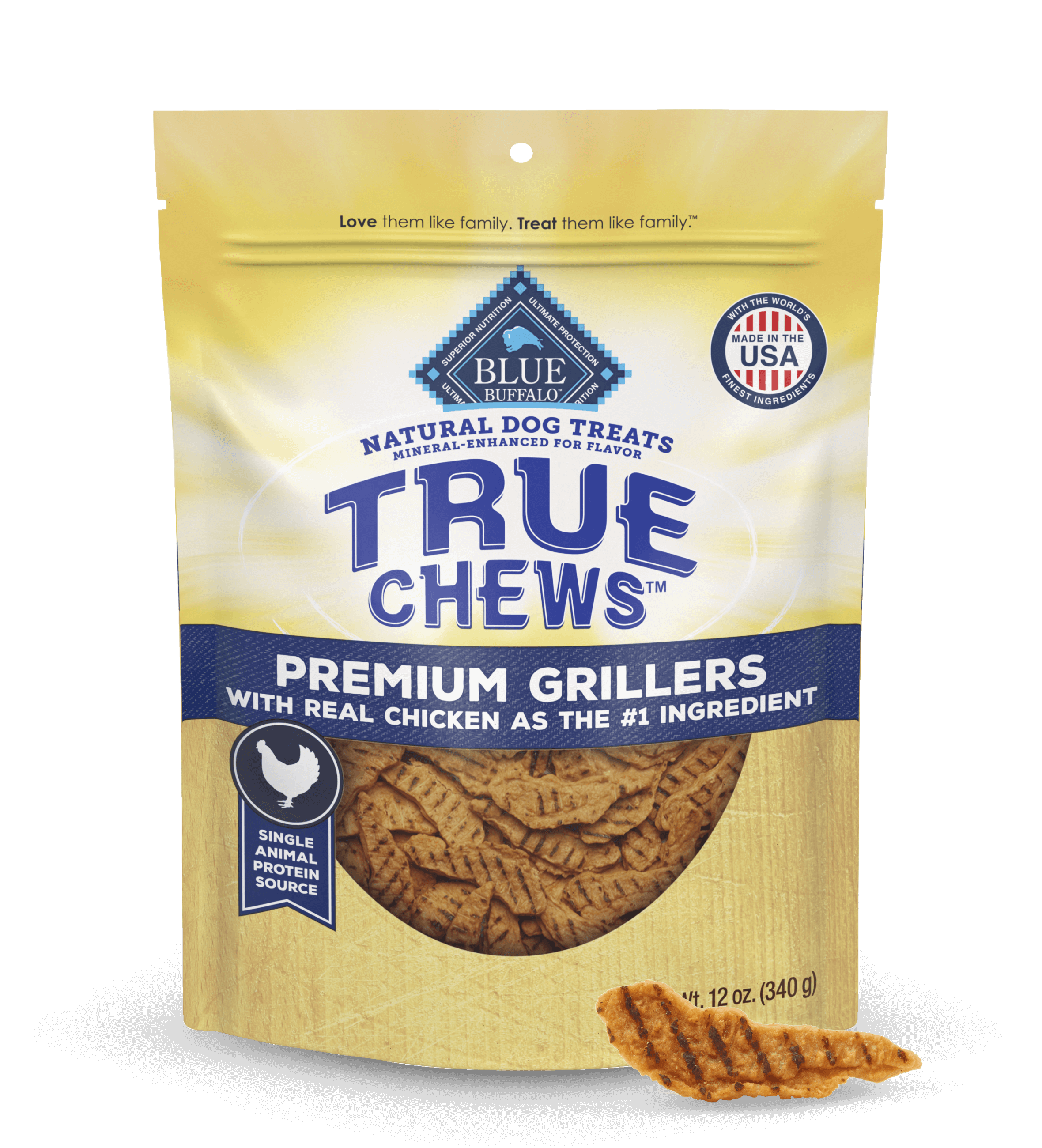 True Chews Premium Grillers dog treats with real chicken as the main ingredient, 12 oz bag.