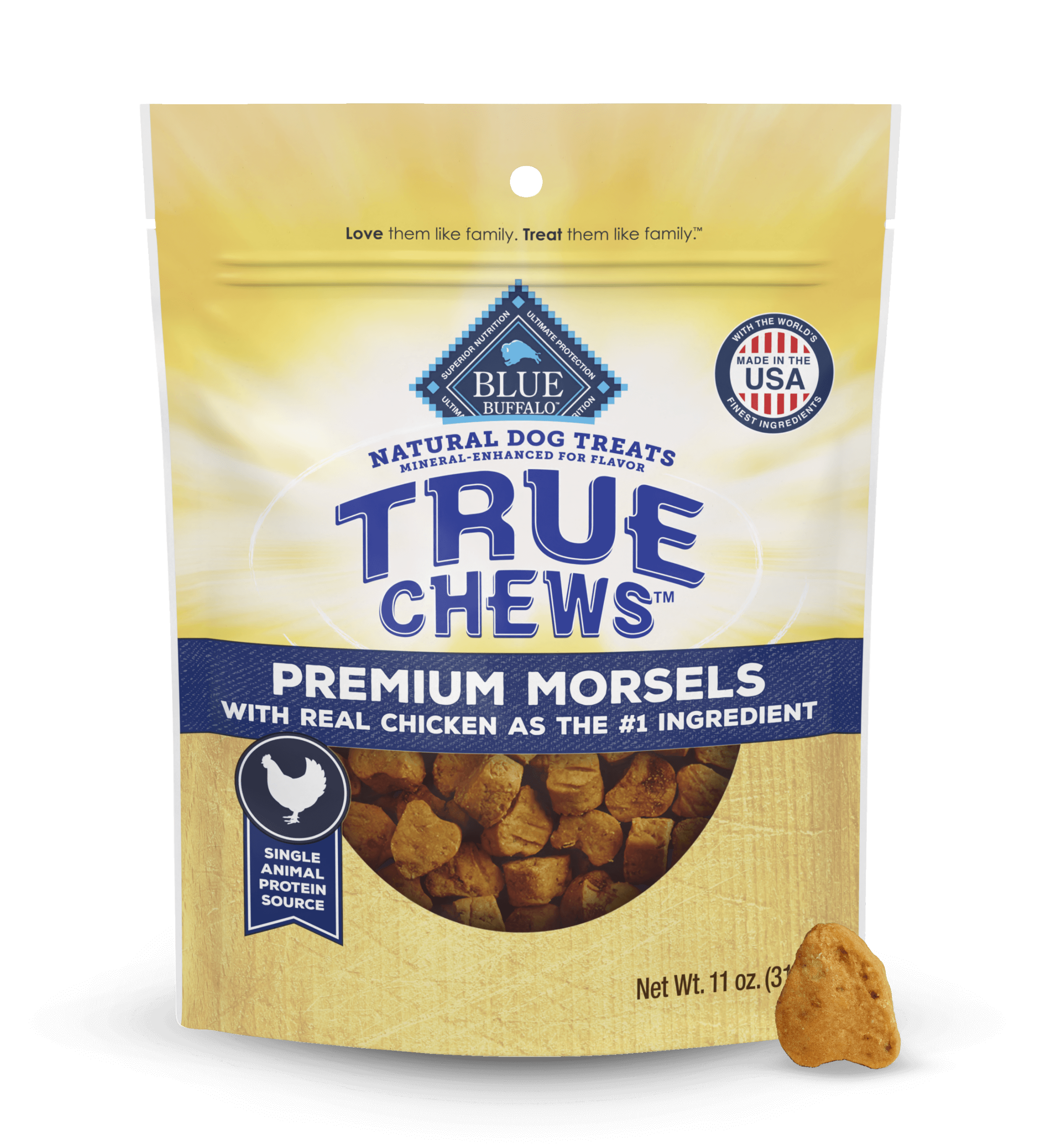 A bag of True Chews Premium Morsels dog treats made with real chicken as the main ingredient.