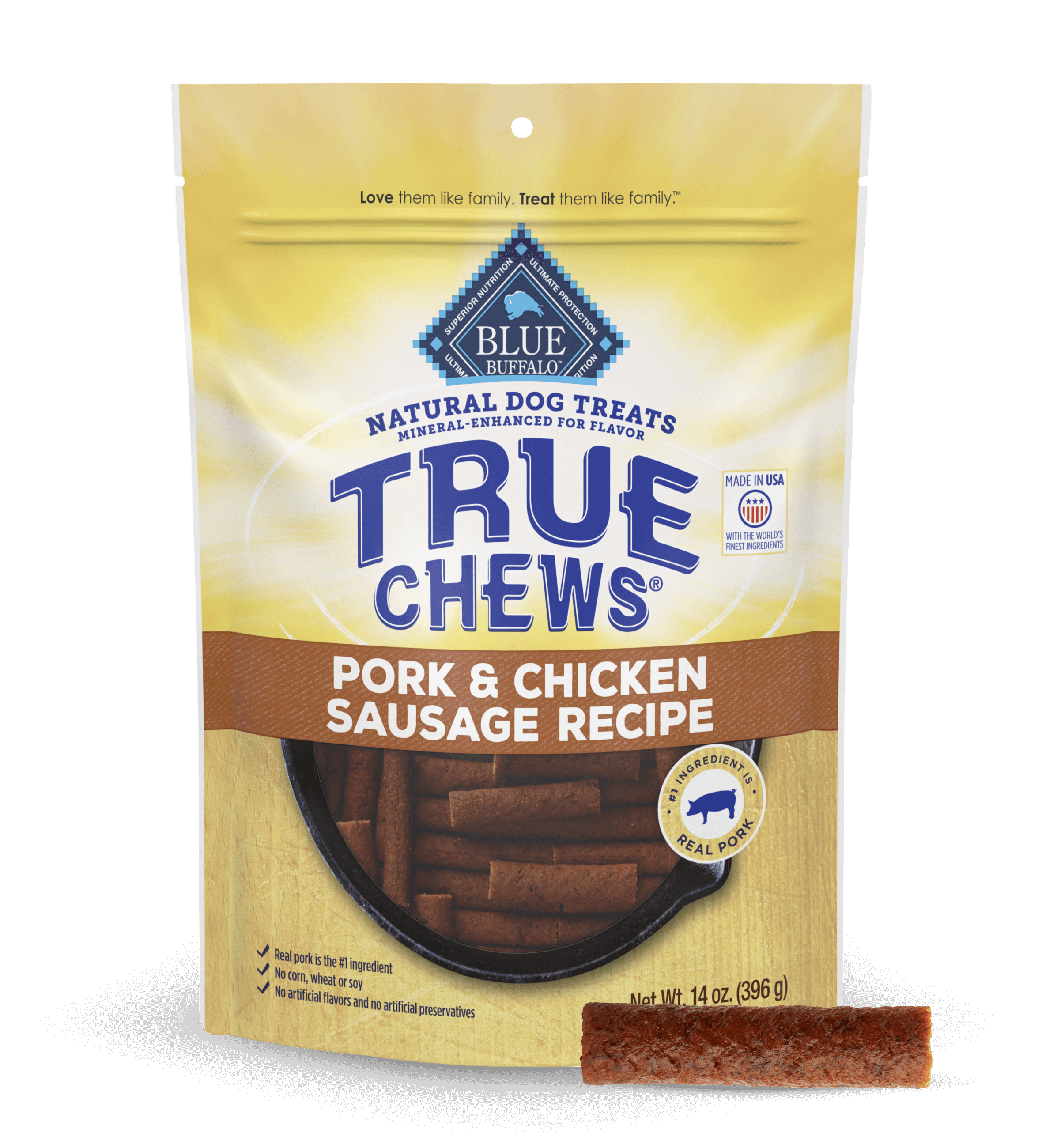 Bag of True Chews Pork & Chicken Sausage Recipe dog treats with a tasty treat in front.