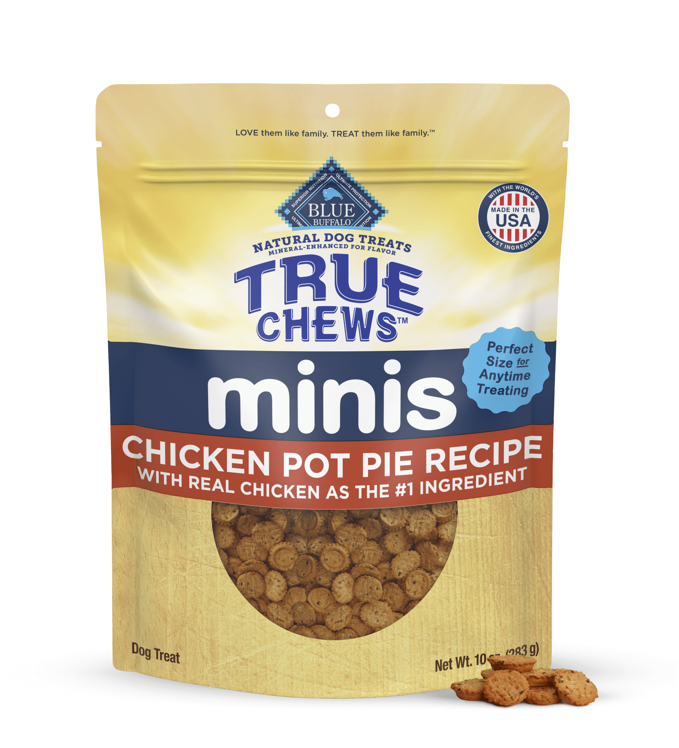 A pack of BLUE True Chews minis chicken pot pie dog treats made with real chicken and a few loose True Chews mini treats.