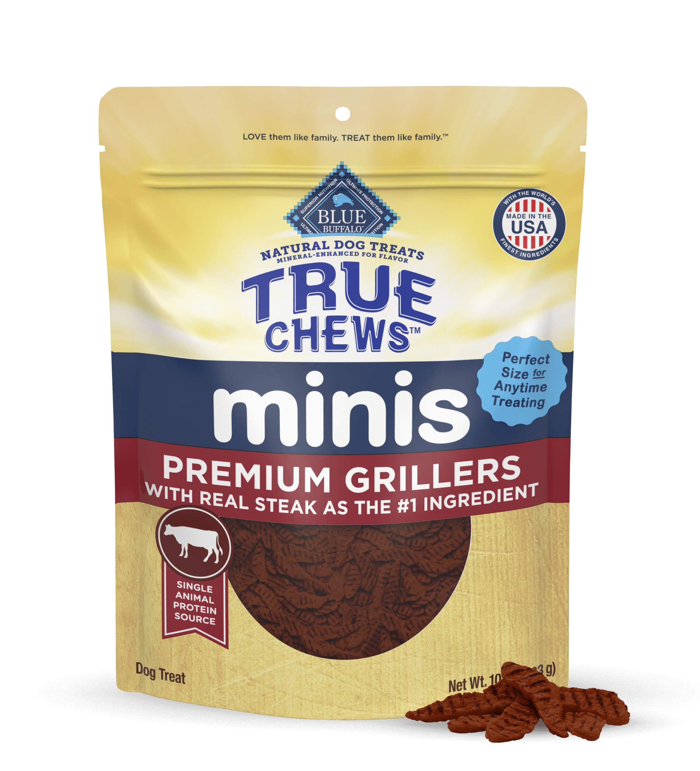 A pack of BLUE True Chews minis grillers dog treats made with real beef and a few loose True Chews mini treats.