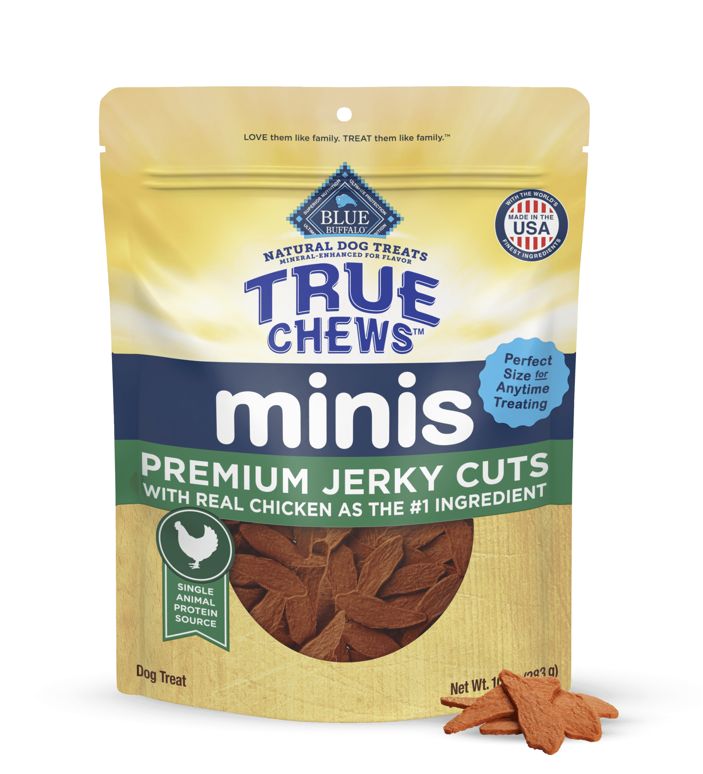 A pack of BLUE True Chews minis jerky cuts dog treats made with real chicken and a few loose True Chews mini treats.