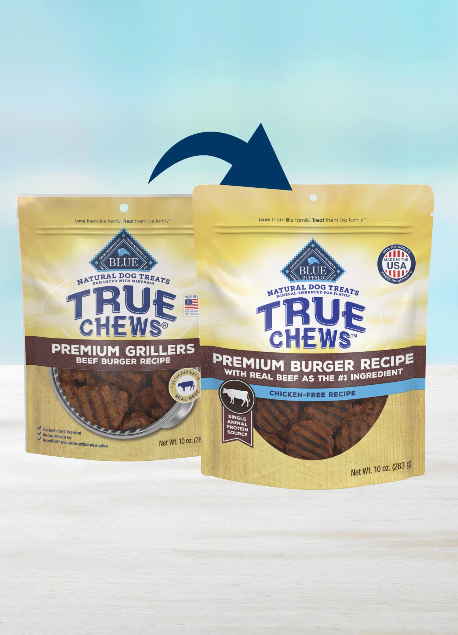Two bags of True Chews dog treats show a packaging change to â€œPremium Burger Recipe.â€.