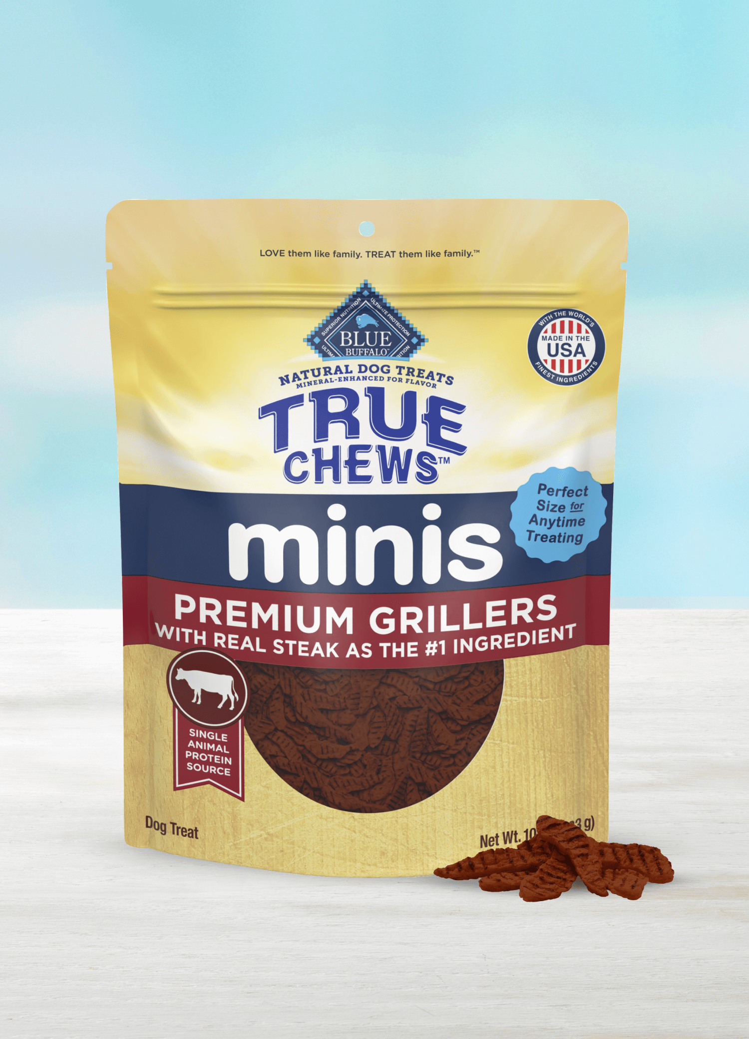 A pack of BLUE True Chews minis grillers dog treats made with real beef and a few loose True Chews mini treats.