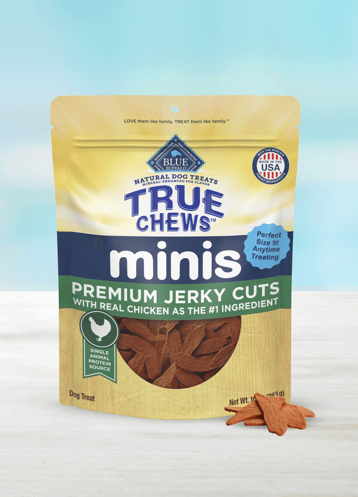 A pack of BLUE True Chews minis jerky cuts dog treats made with real chicken and a few loose True Chews mini treats.