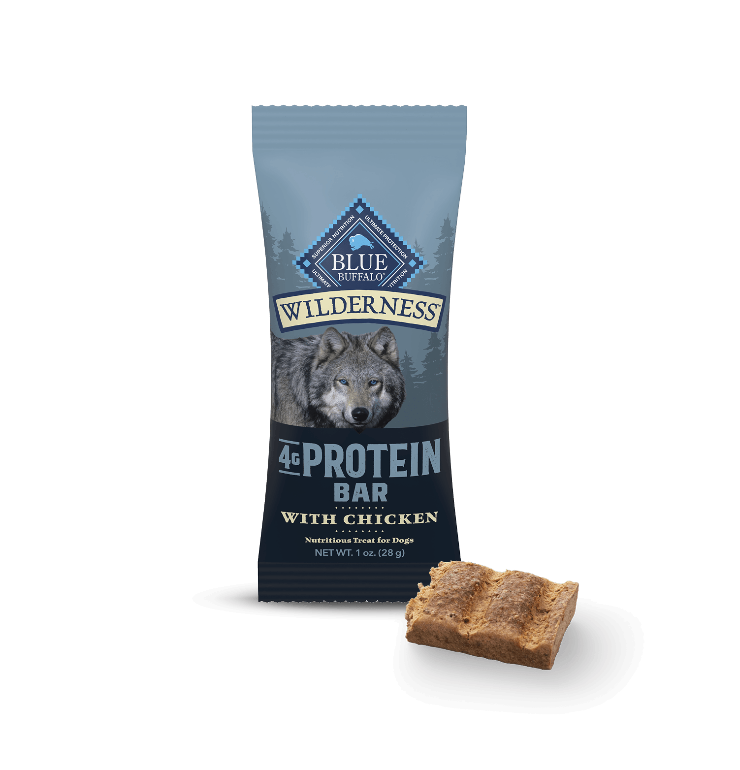 Blue Buffalo Wilderness 4g Protein Bar with Chicken dog treat pouch with a wolf image beside a cut bar piece