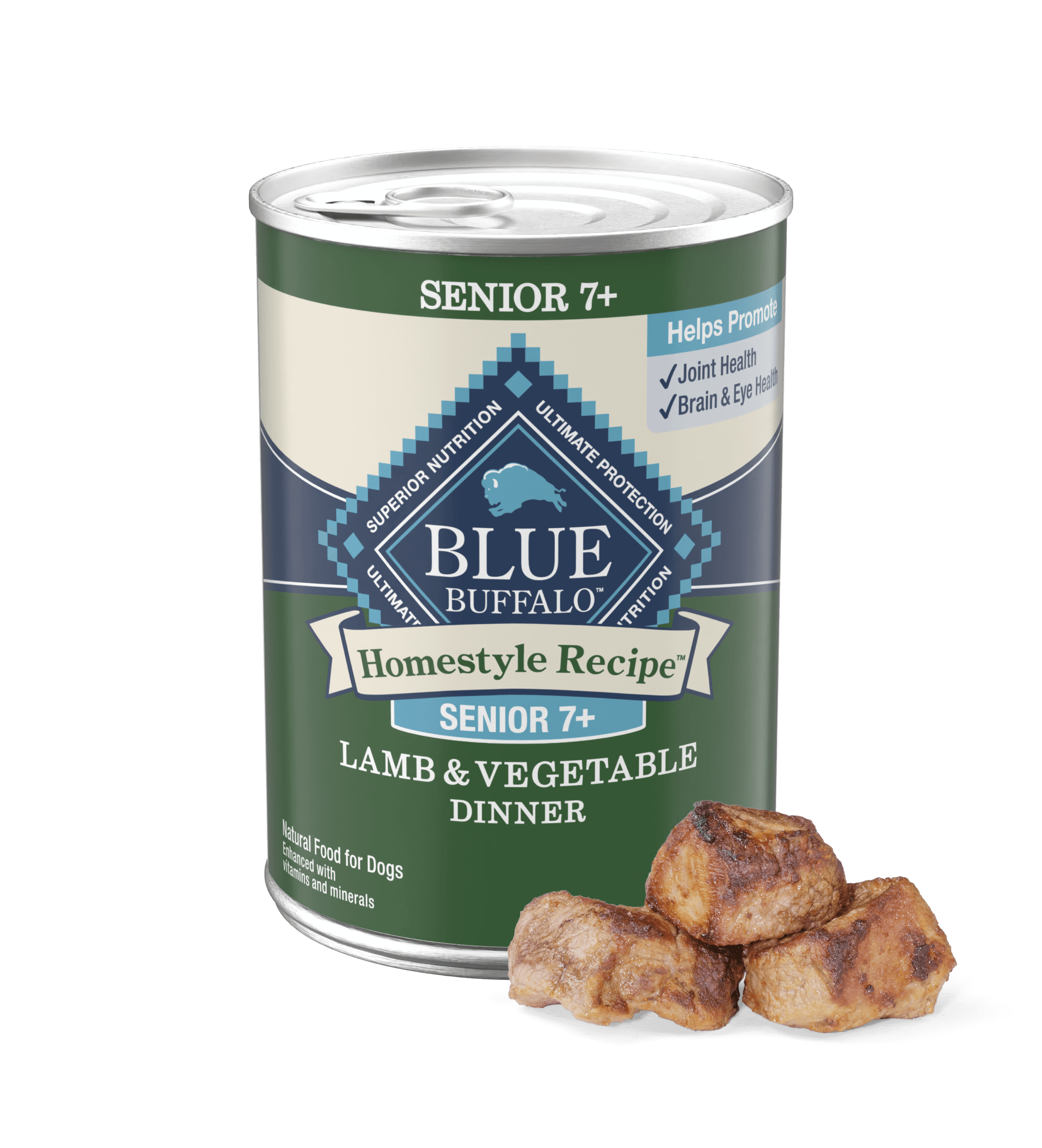 Three chunks of juicy lamb are stacked neatly in front of a can of BLUE Homestyle Recipe Turkey & Vegetable Dinner senior dog food.