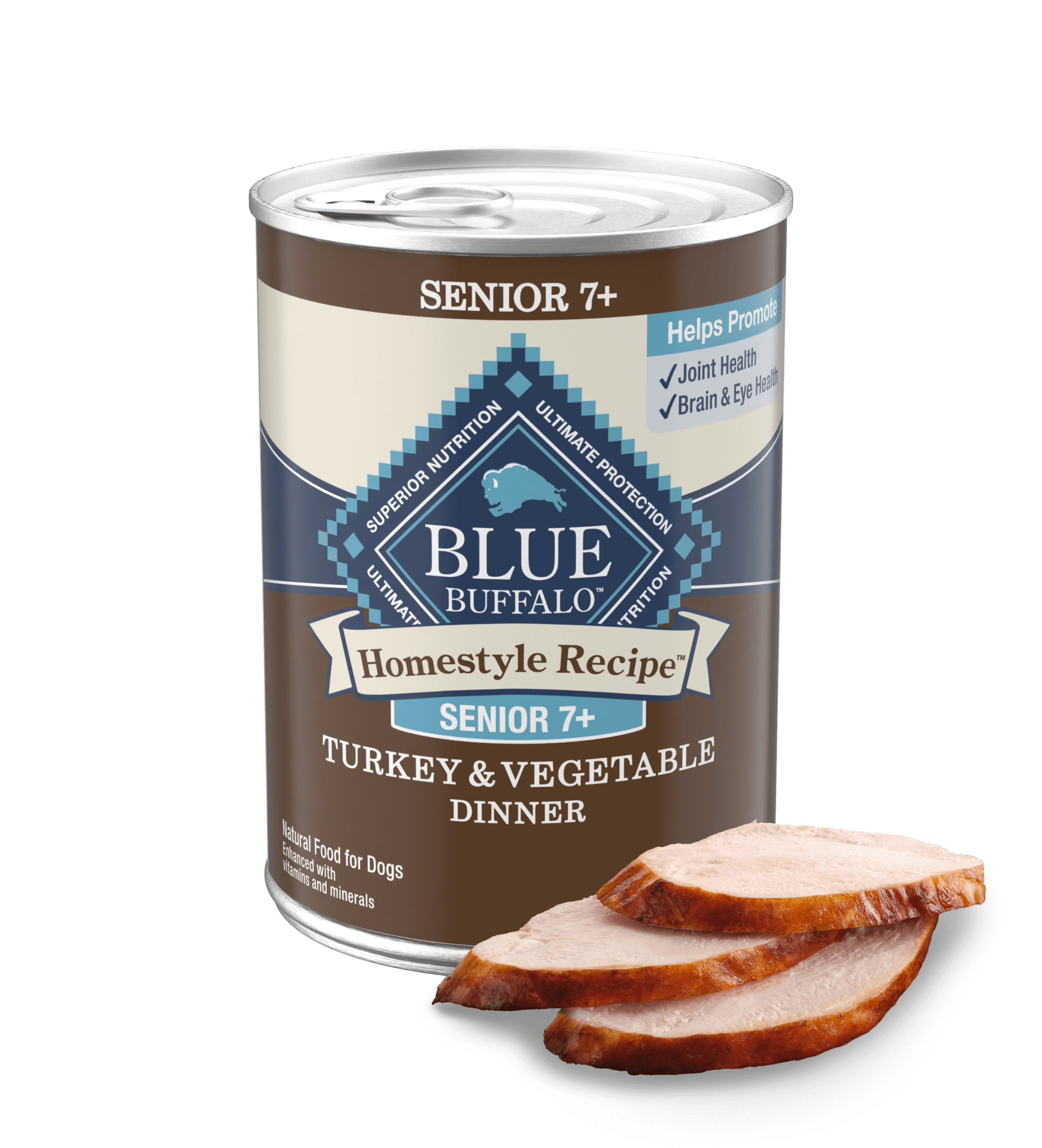 Three slices of juicy turkey are stacked neatly in front of a can of BLUE Homestyle Recipe Turkey & Vegetable Dinner senior dog food.