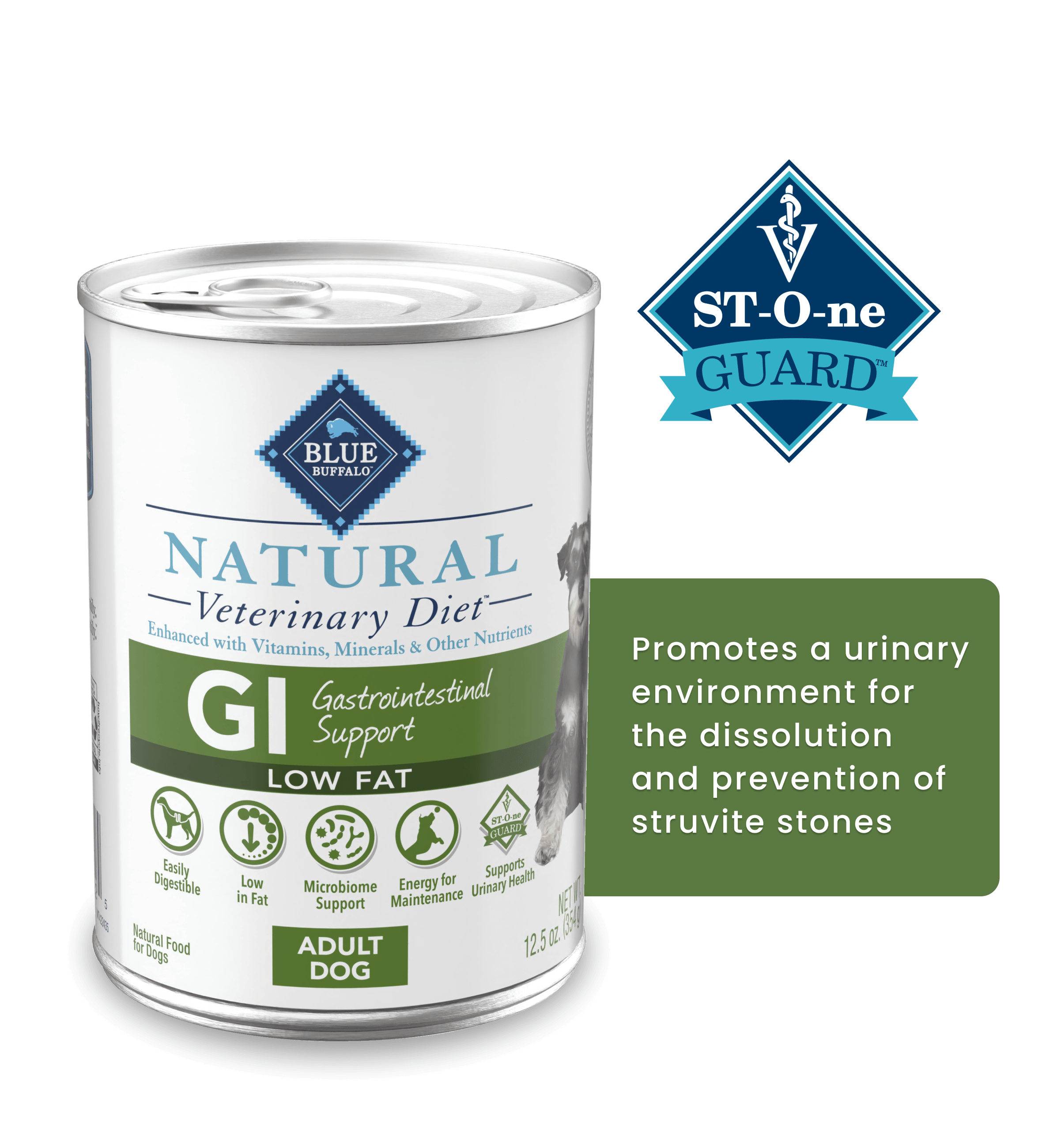 A can of Blue Buffalo Natural Veterinary Diet GI Low Fat dog food, labeled for gastrointestinal support.