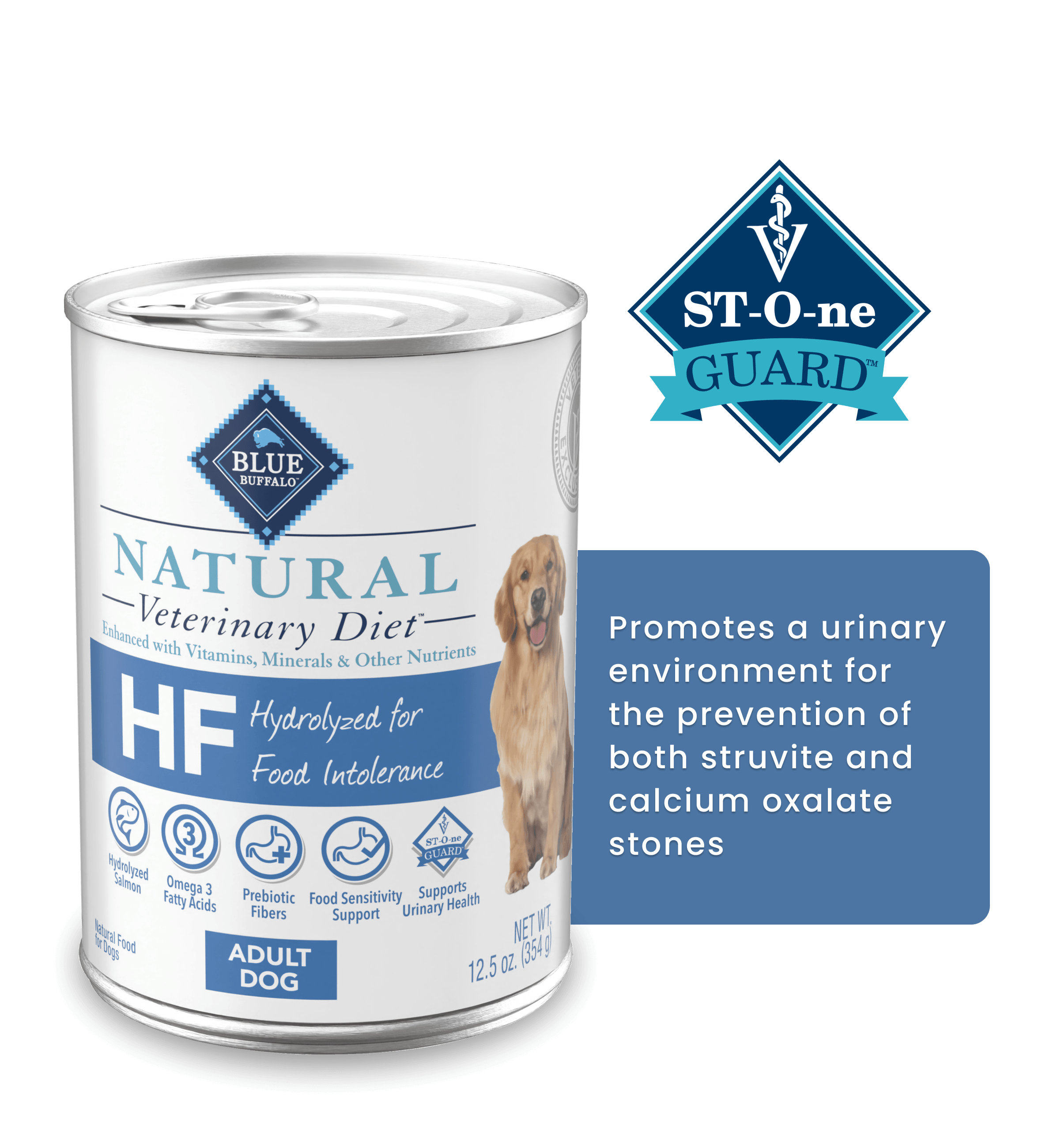A can of Natural Veterinary Diet HF dog food highlights urinary health benefits on the right.