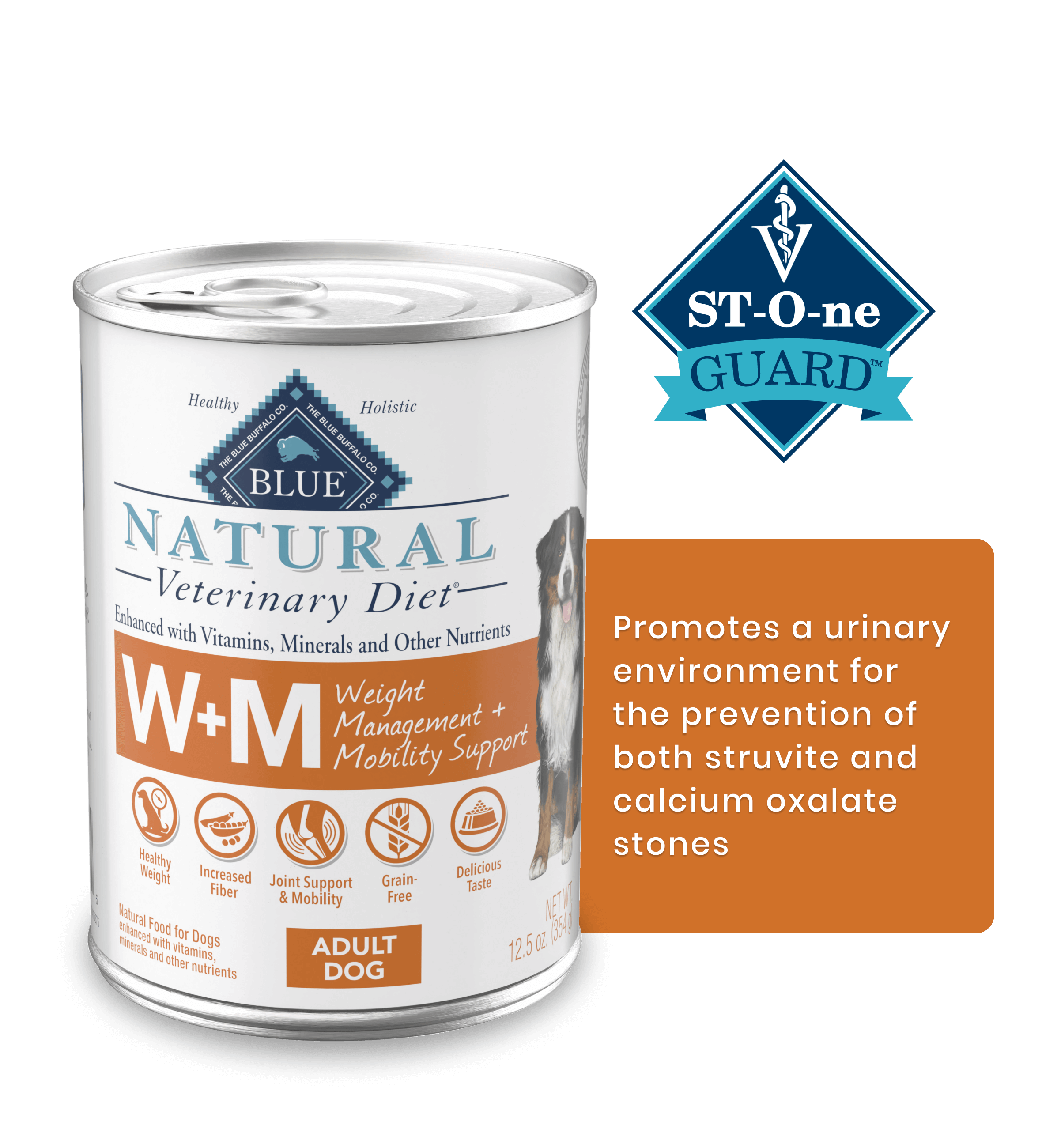 W+M Weight Management + Mobility Support Promotes a urinary environment for the prevention of both struvite and calcium oxalate stones