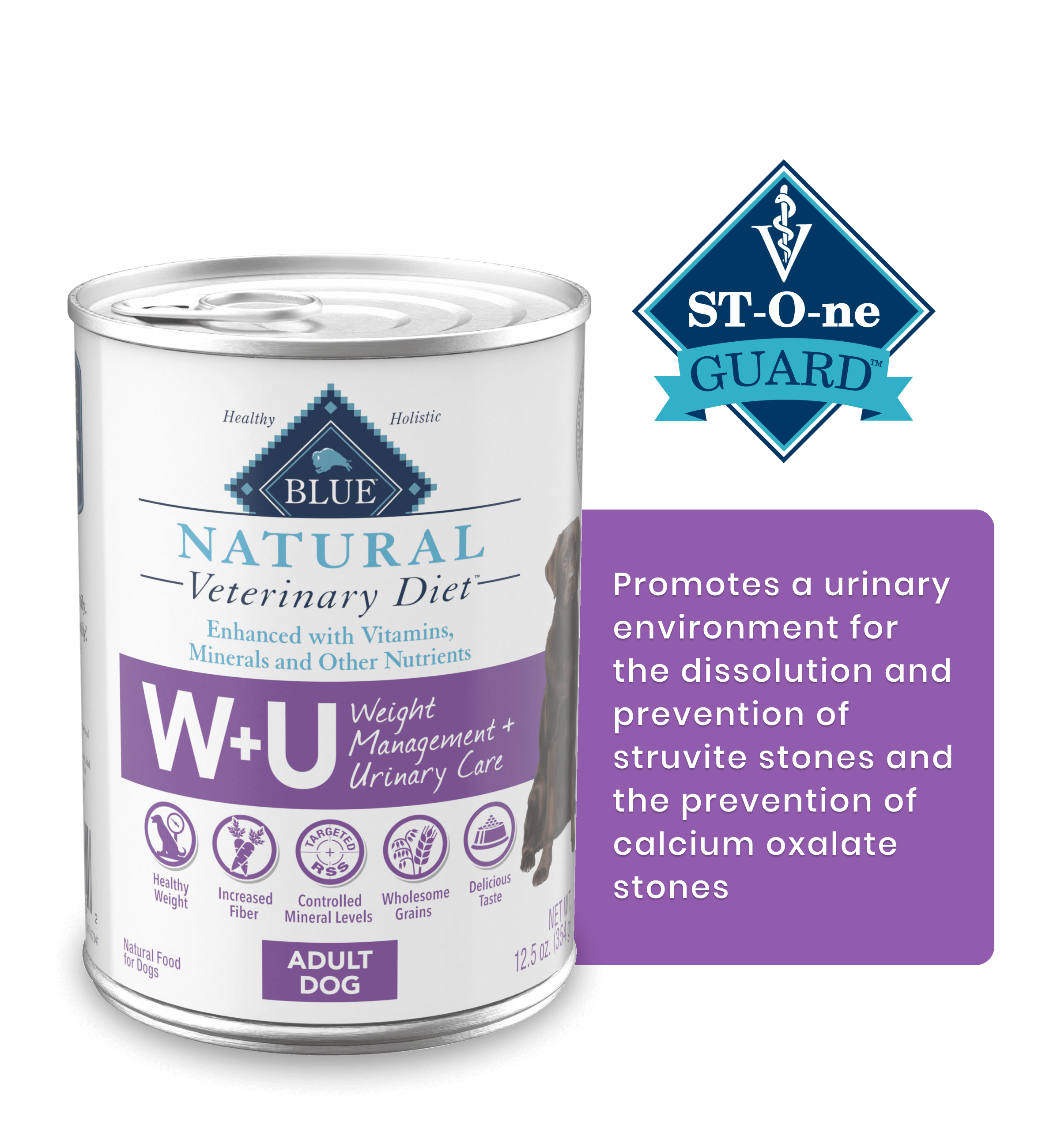 W+U Weight Management + Urinary Care St-O-ne Guard Promotes a urinary environment for the dissolution and prevention of struvite stones and the prevention of calcium oxalate stones