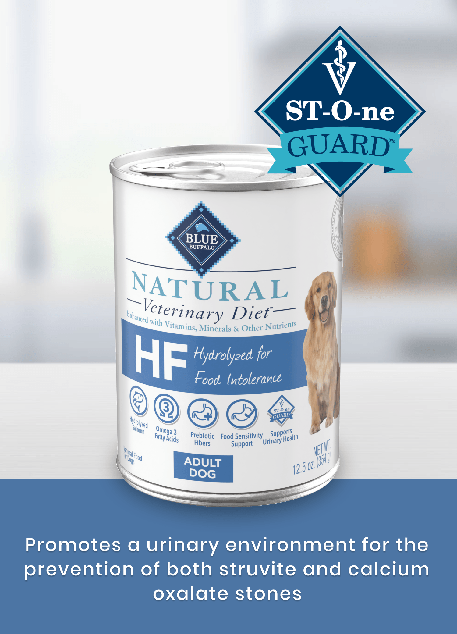 Can of Natural Veterinary Diet HF dog food with text highlighting urinary health benefits for adult dogs.
