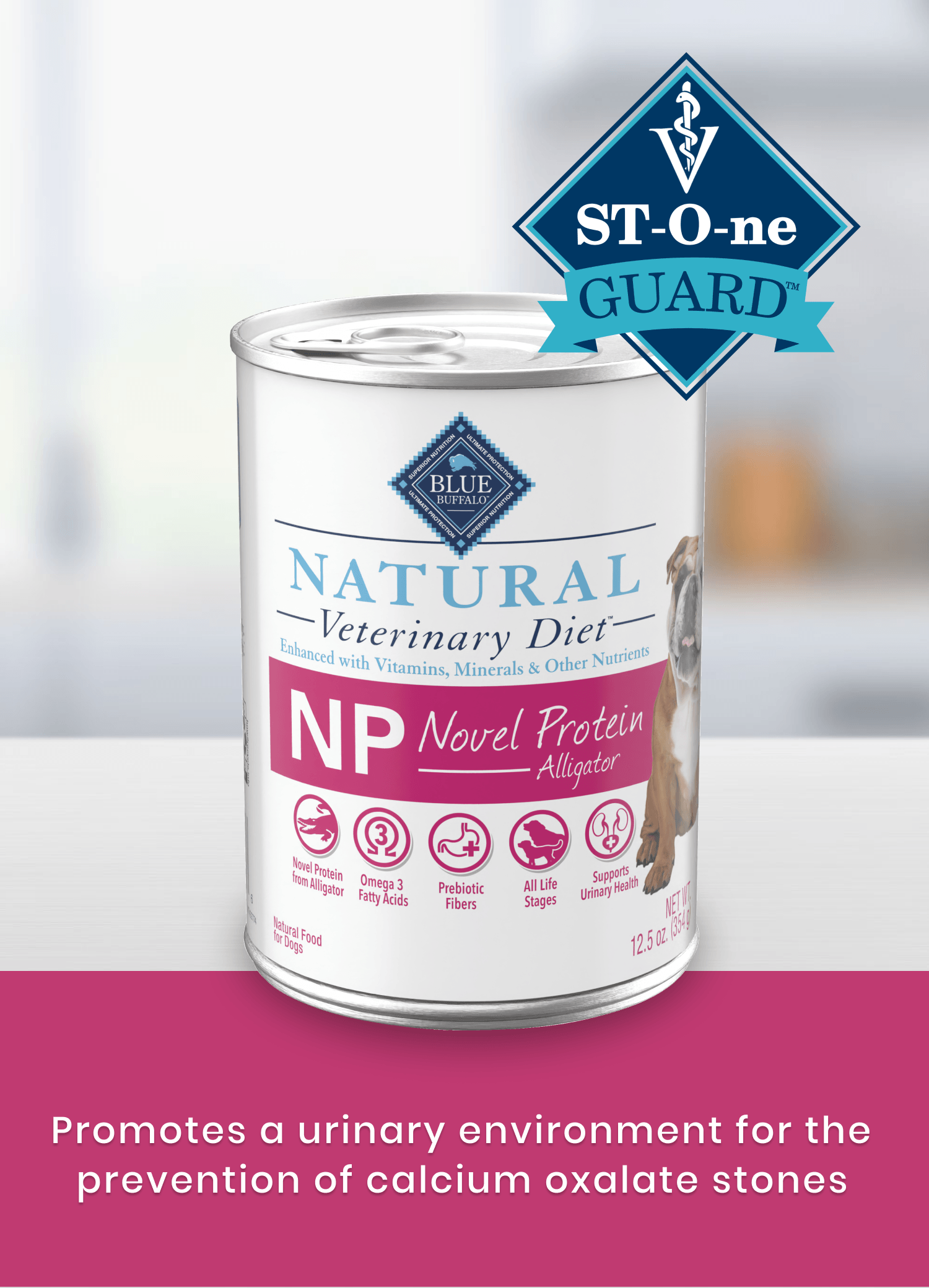 A can of Natural Veterinary Diet NP Alligator dog food, formulated to prevent urinary calcium stones.