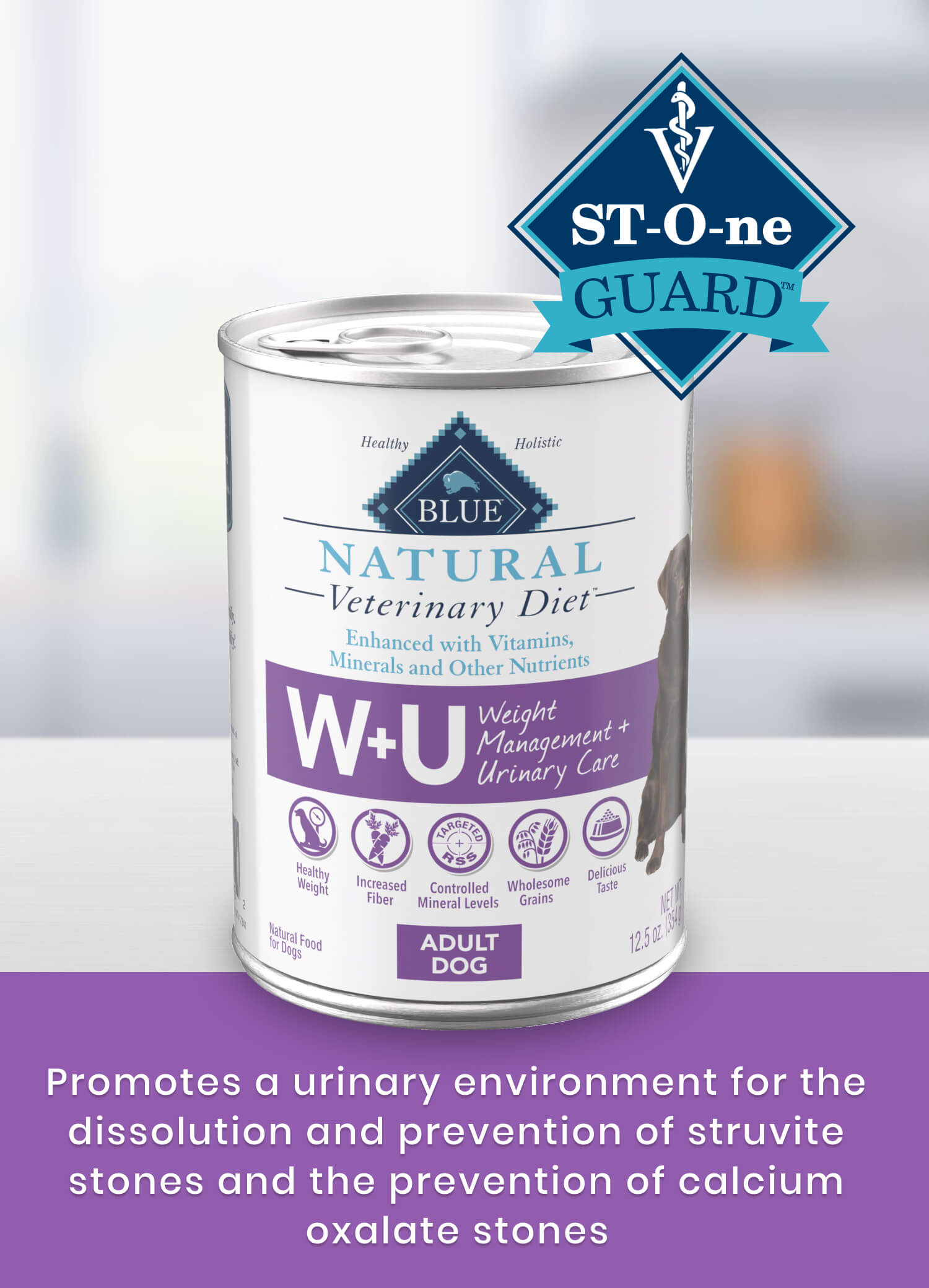 W+U Weight Management + Urinary Care St-O-ne Guard Promotes a urinary environment for the dissolution and prevention of struvite stones and the prevention of calcium oxalate stones