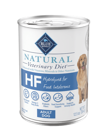 A can of Natural Veterinary Diet HF dog food for adults with food intolerance.